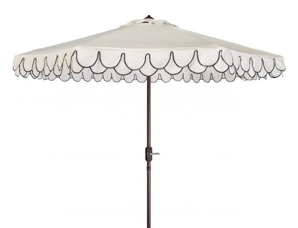 Elegant Valance Auto Tilt Umbrella in Ivory with Black Scalloped Edge (9 ft)