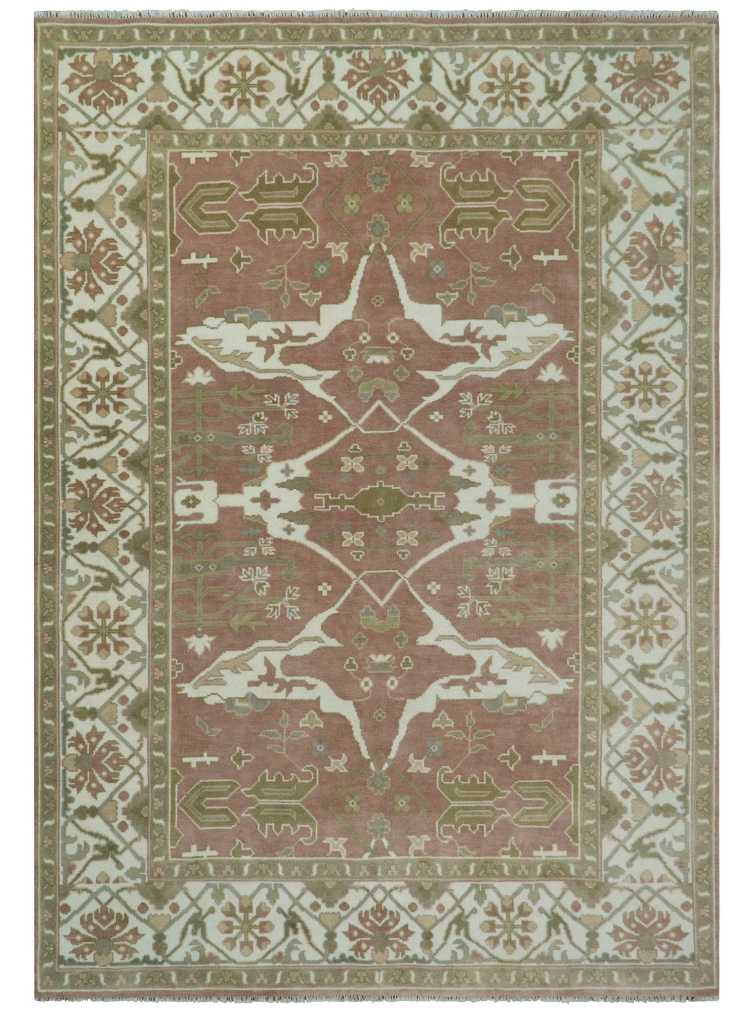 Peach, Ivory and Olive Hand knotted Multi size Oriental Oushak Traditional Wool Area Rug - The Rug Decor