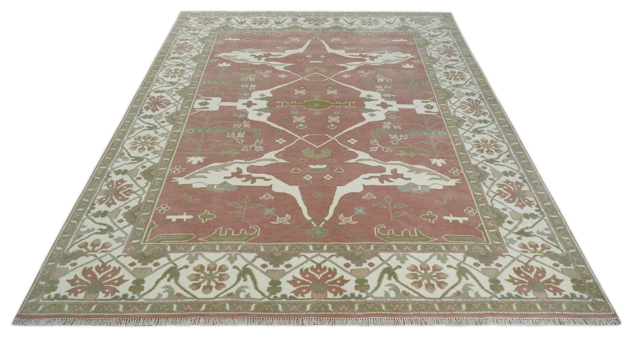 Peach, Ivory and Olive Hand knotted Multi size Oriental Oushak Traditional Wool Area Rug - The Rug Decor
