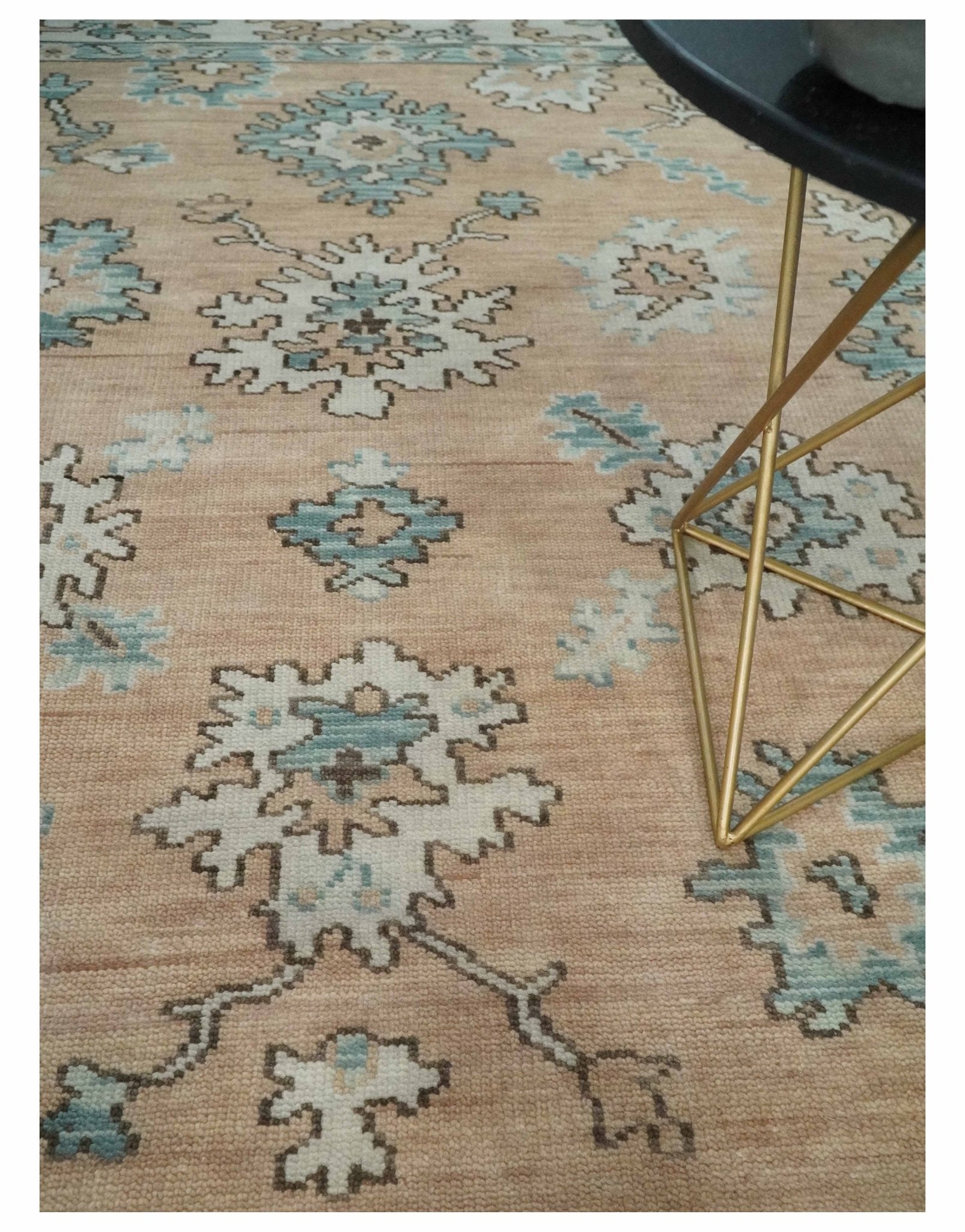 Peach, Ivory and Teal Hand knotted Traditional Oushak 8x10 wool Area Rug