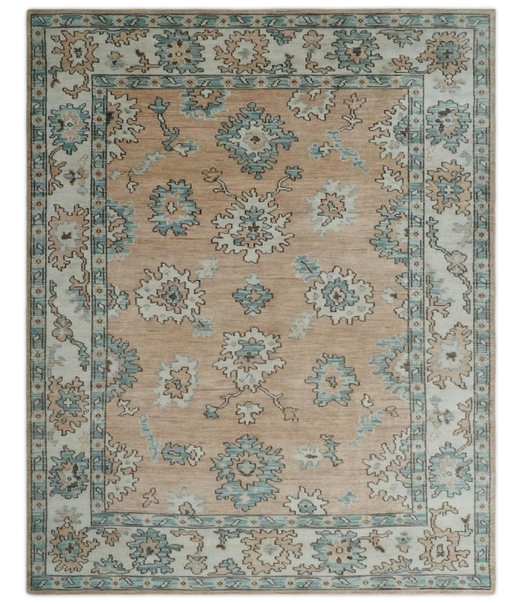 Peach, Ivory and Teal Hand knotted Traditional Oushak 8x10 wool Area Rug