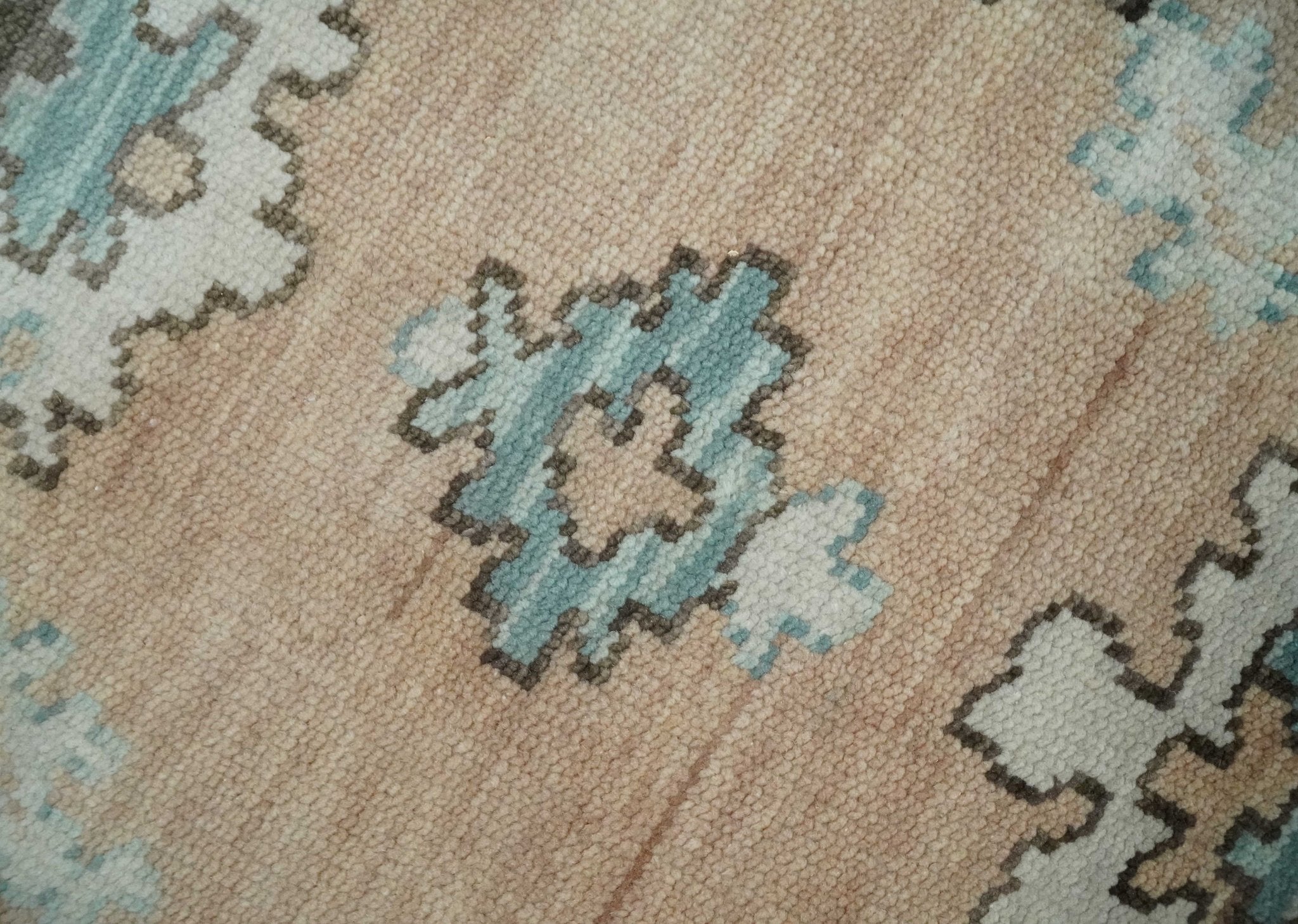 Peach, Ivory and Teal Hand knotted Traditional Oushak Multi Size wool Area Rug