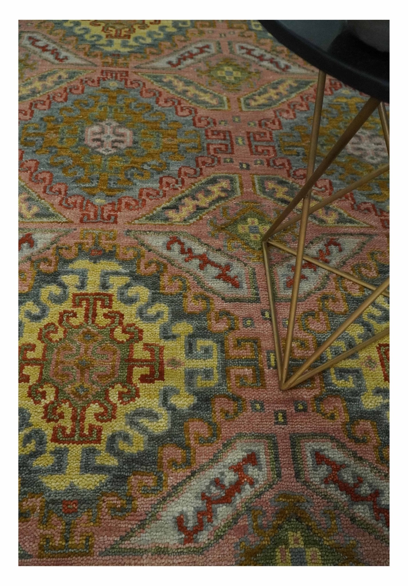 Oriental Hand Knotted Wool Area Rug in Peach, Mustard, Brown, and Gray