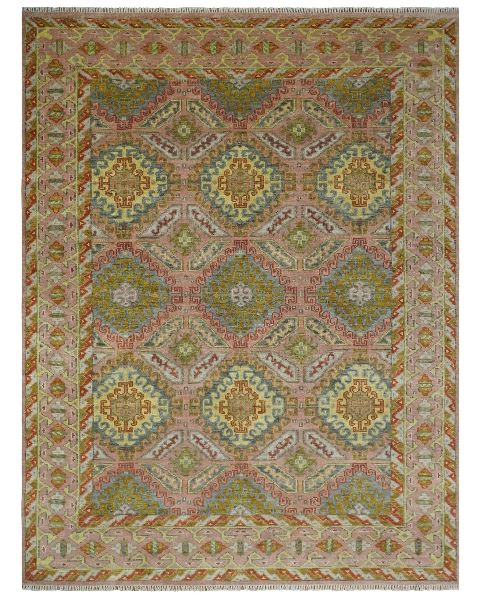 Oriental Hand Knotted Wool Area Rug in Peach, Mustard, Brown, and Gray