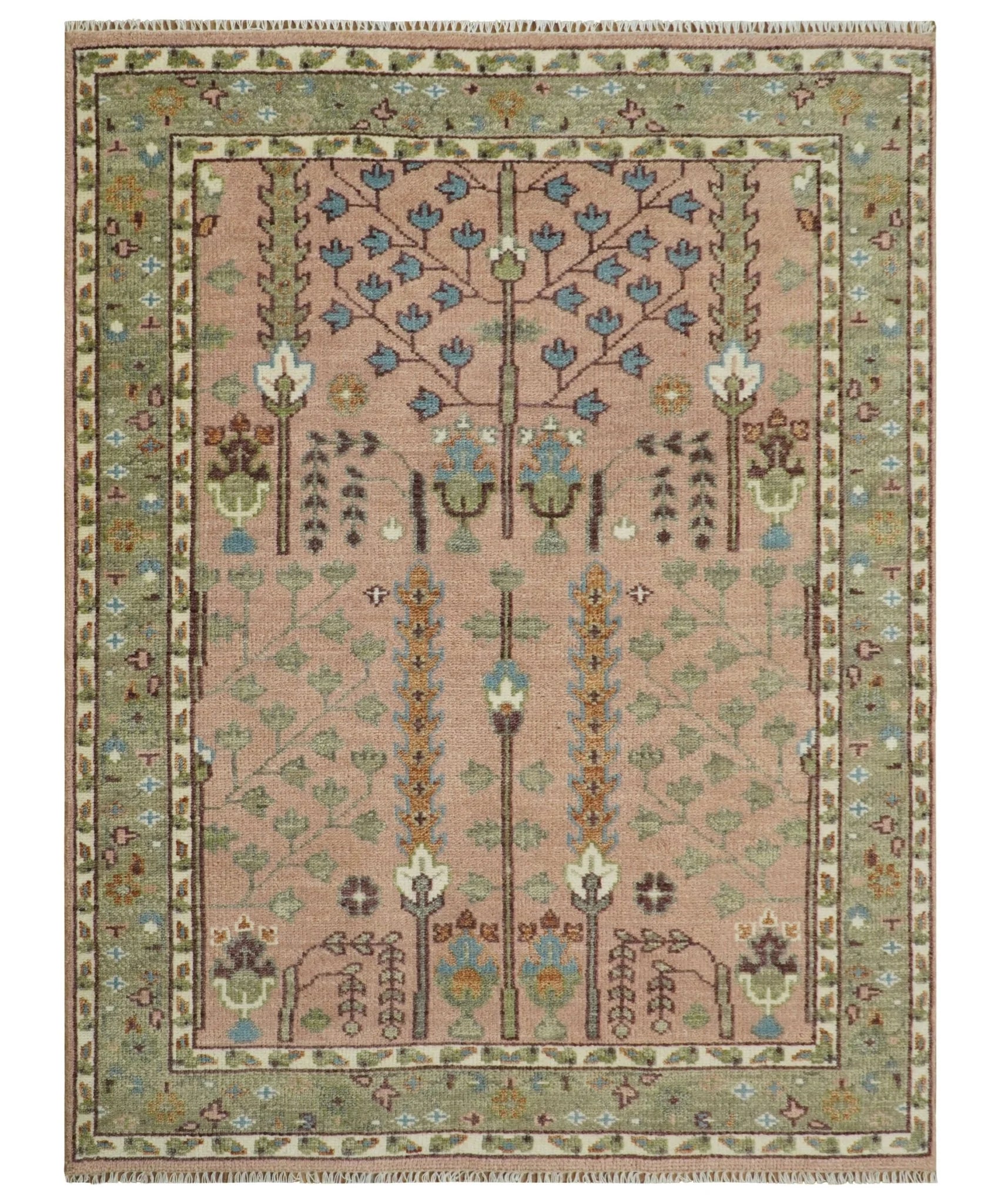 Pink, Olive, and Beige Traditional Vintage Heriz Serapi Wool Rug