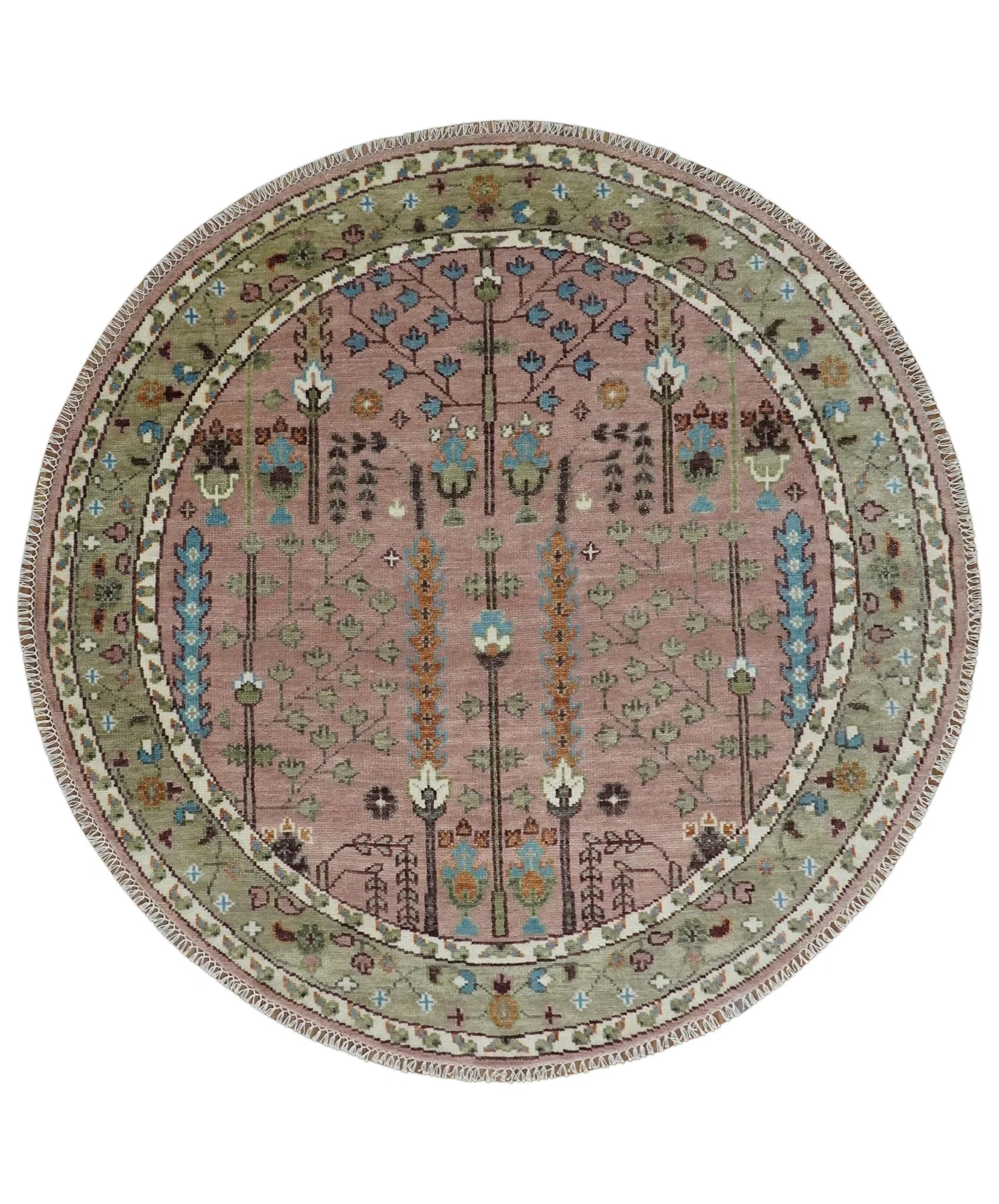 Pink, Olive, and Beige Traditional Vintage Heriz Serapi Wool Rug