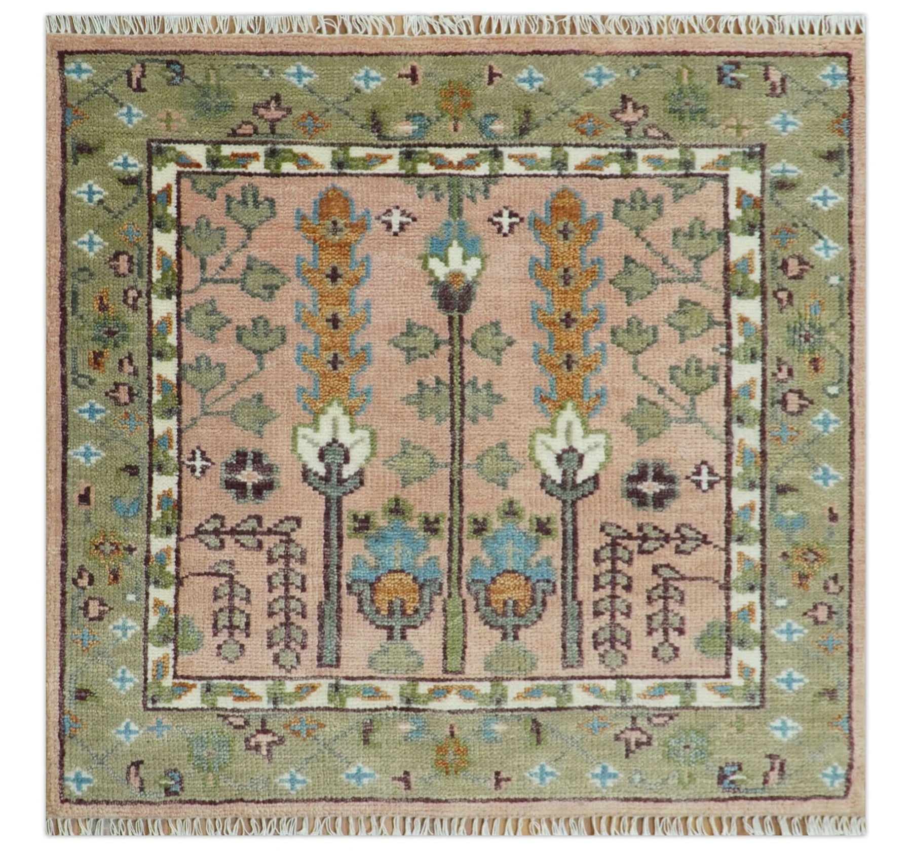 Pink, Olive, and Beige Traditional Vintage Heriz Serapi Wool Rug