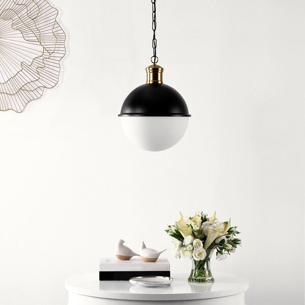 Daylily Pendant Lighting in Black with White Glass Shade