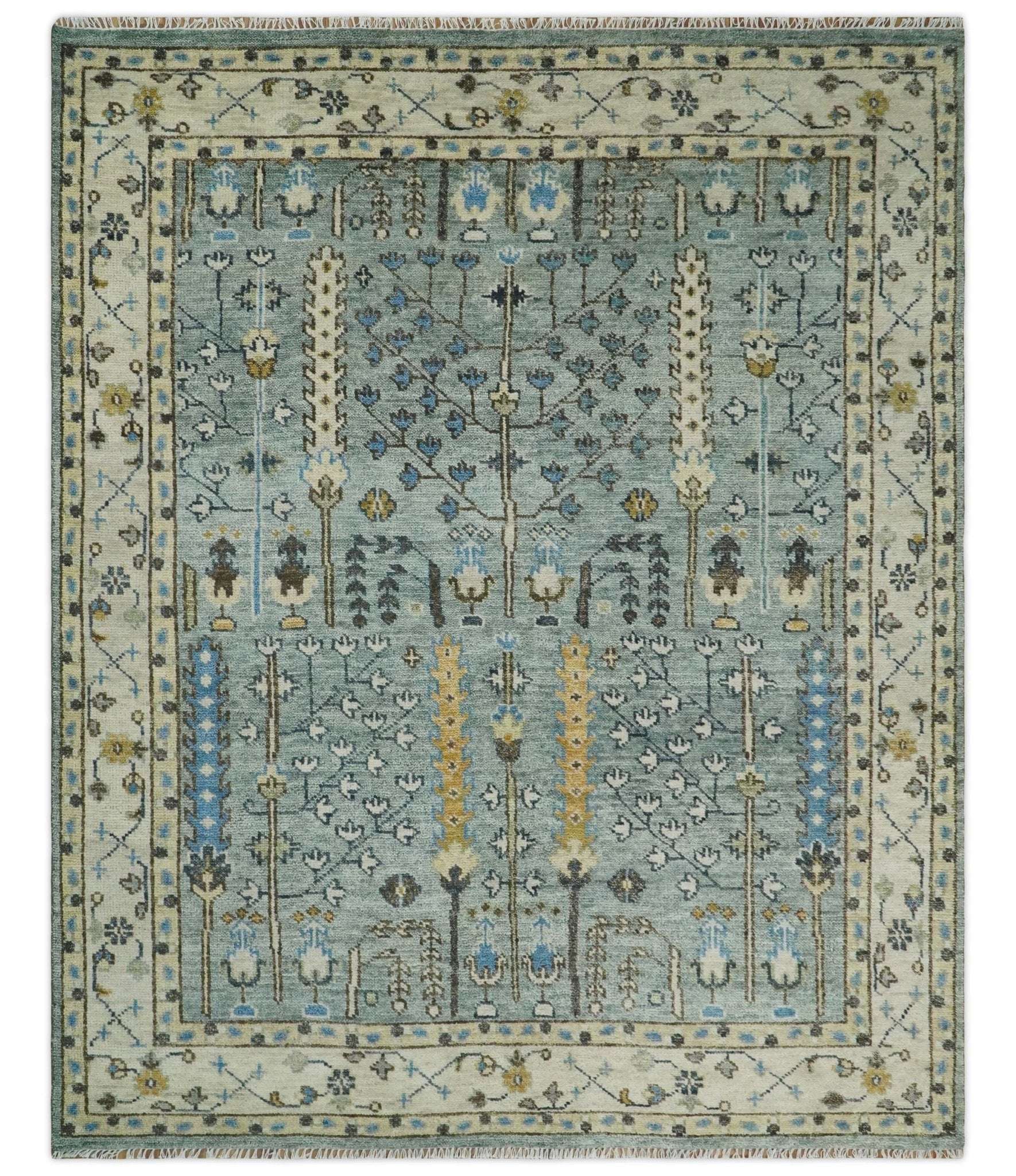 Ready to Ship 8x10, 9x12 Aqua and Ivory Tree Design Hand Knotted Wool Area Rug