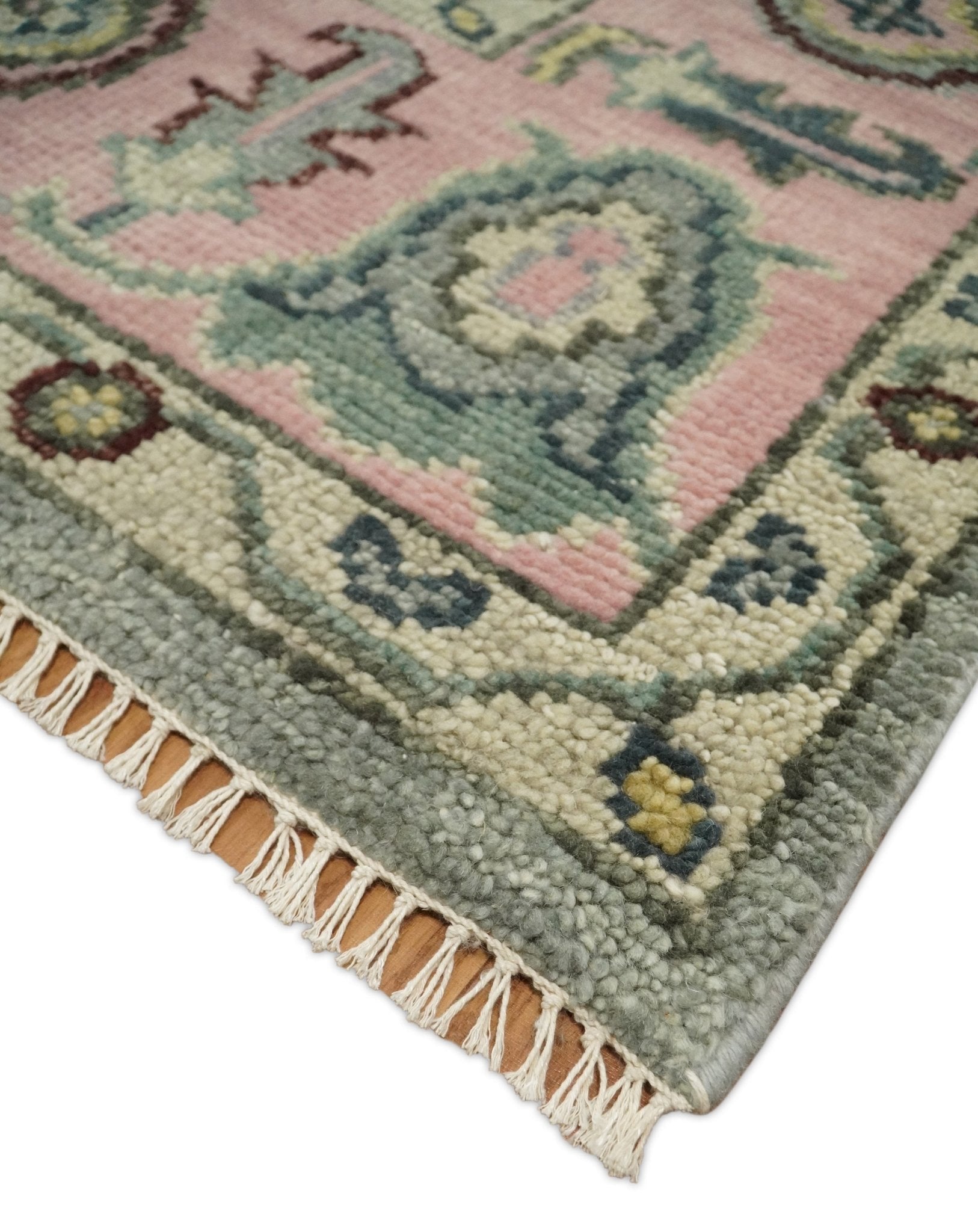 Ready to Ship Aqua and Pink Traditional Oushak Wool Area Rug