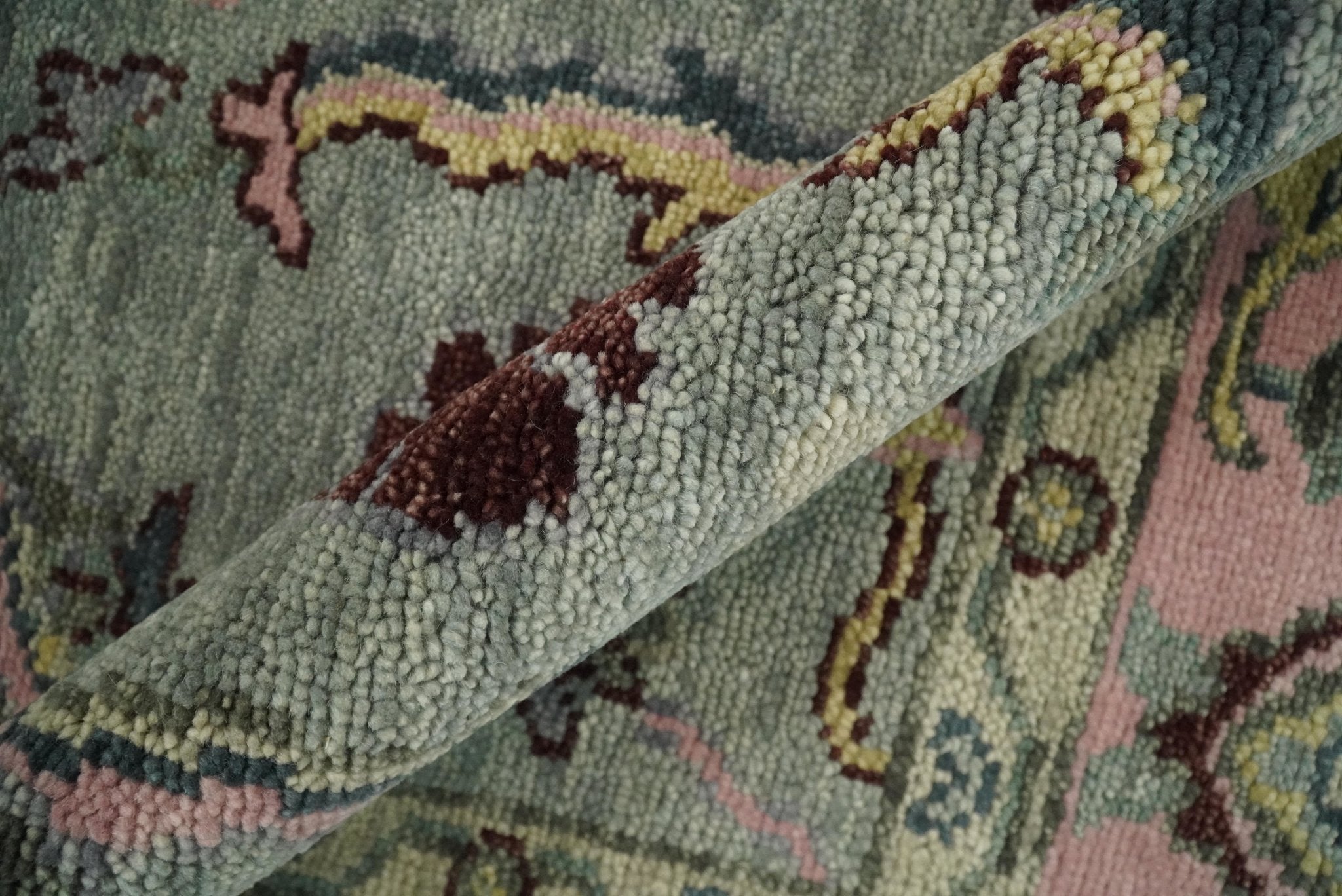 Ready to Ship Aqua and Pink Traditional Oushak Wool Area Rug