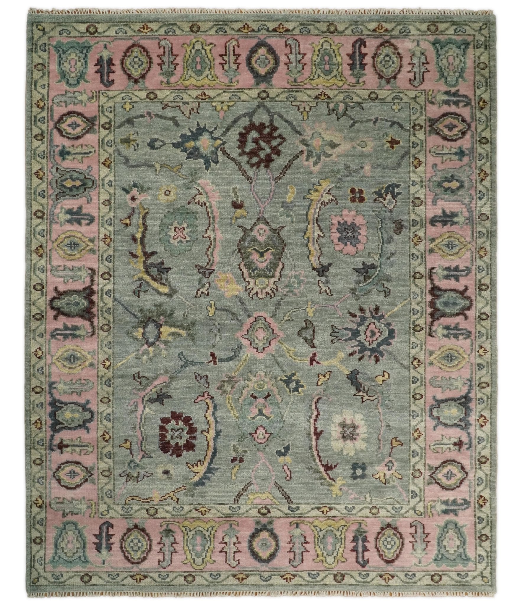 Ready to Ship Aqua and Pink Traditional Oushak Wool Area Rug