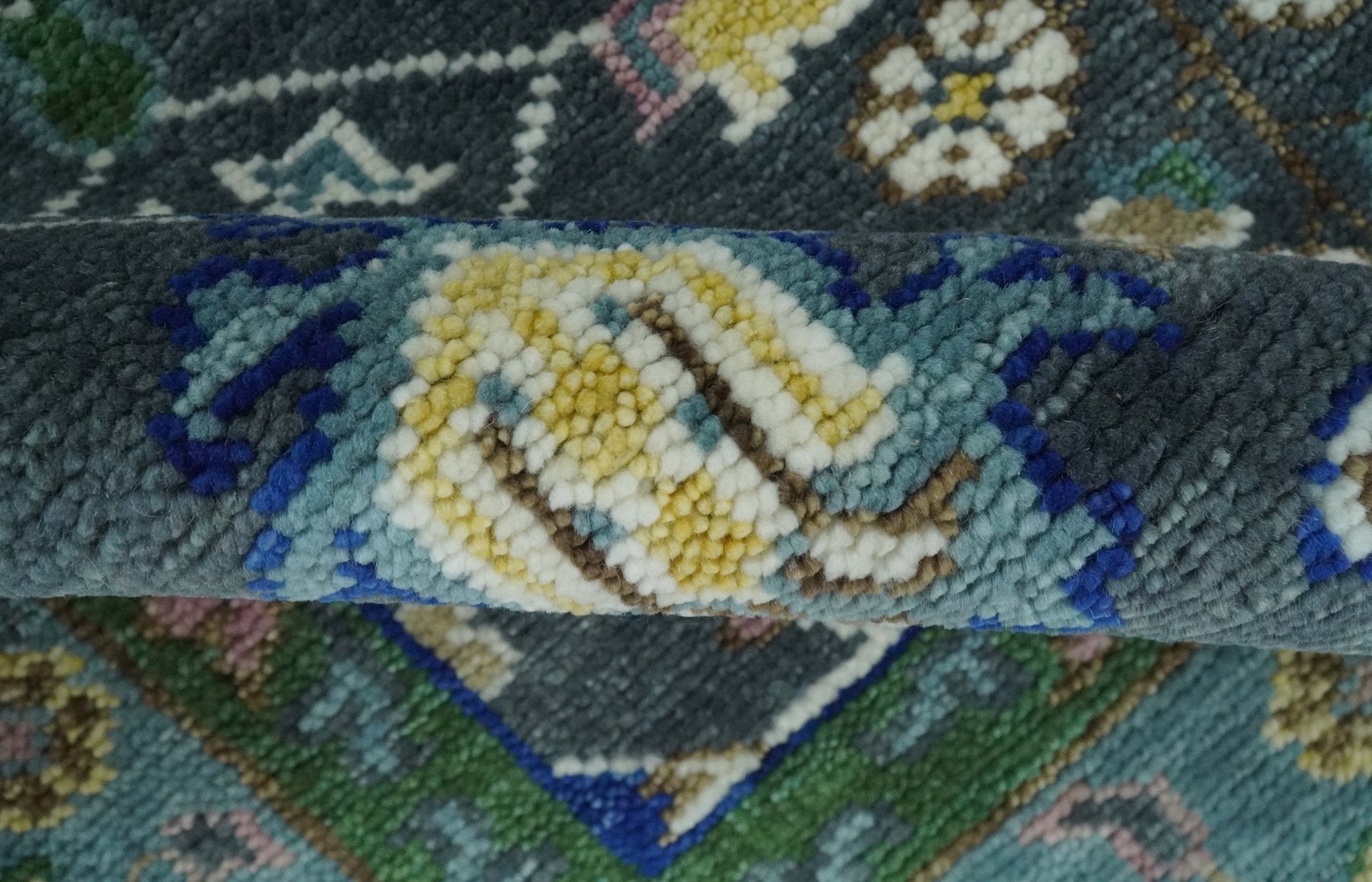 Ready to Ship Hand Knotted Green Moss and Blue Traditional Turkish Design Wool Rug