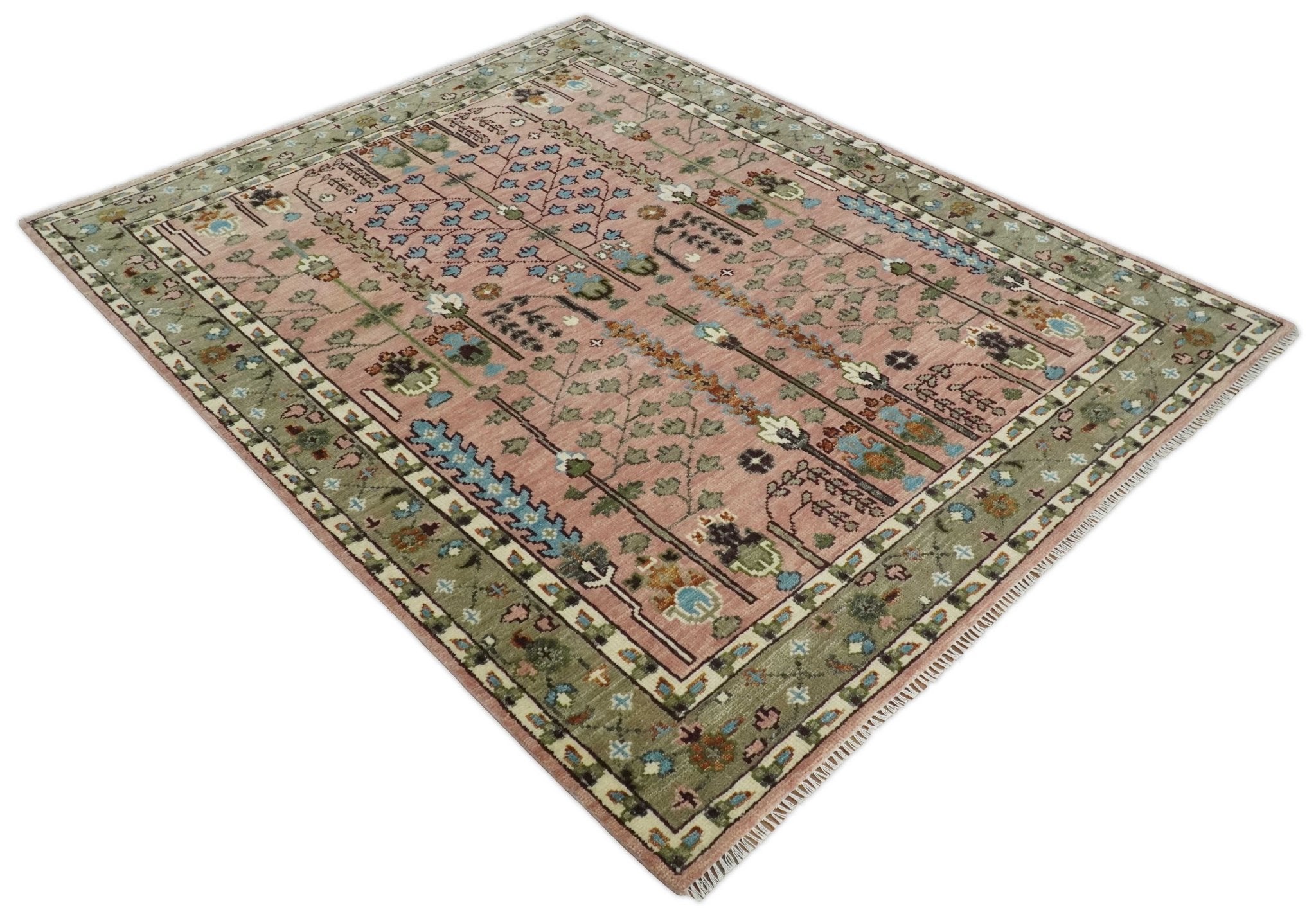 Ready to Ship Pink, Olive and Beige Traditional Vintage Style Tree Wool Rug