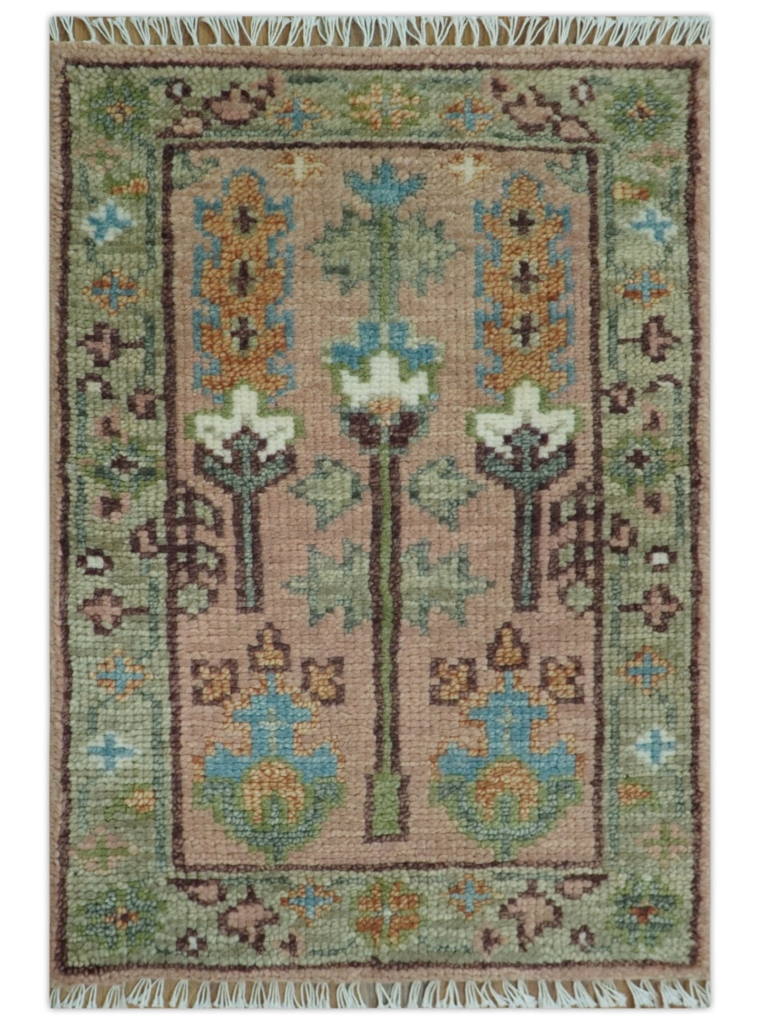 Ready to Ship Pink, Olive and Beige Traditional Vintage Style Tree Wool Rug
