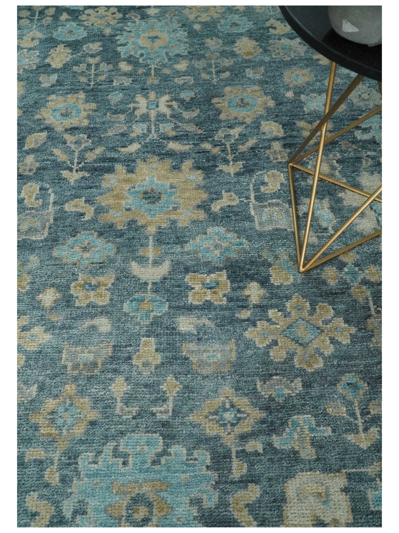 Ready to Ship Teal Blue Hand Knotted Oriental Oushak Ivory and Beige Wool Area Rug