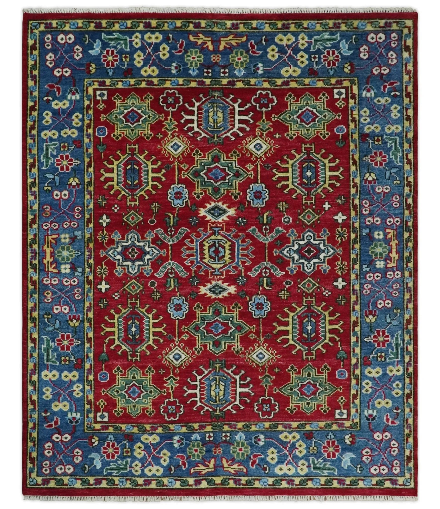 Custom Made Maroon and Blue Antique Turkish Kashgar Hand Knotted Red and Blue Traditional Oushak Wool Area Rug