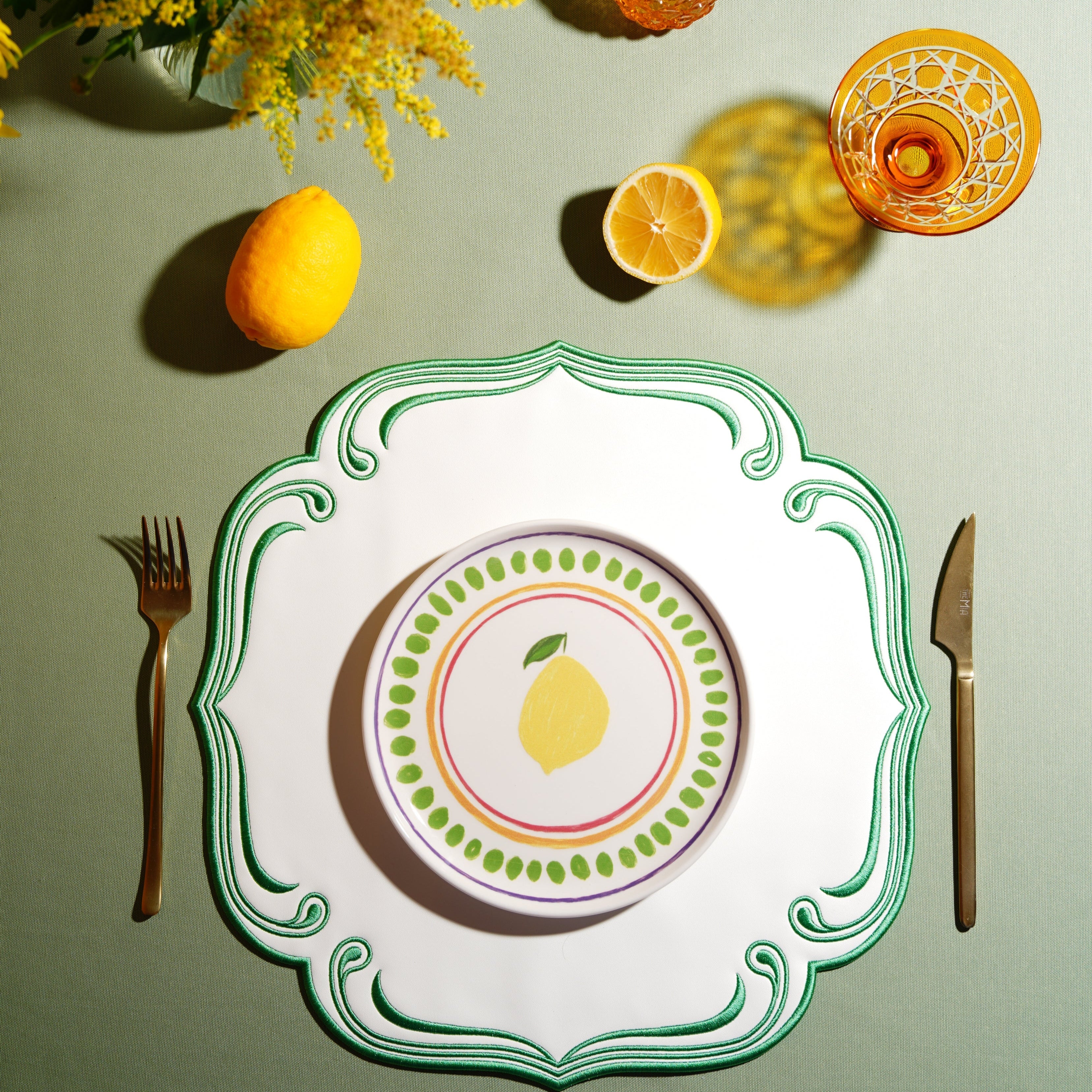 ROYAL WHITE GREEN TRIM SQUARE FAUX LEATHER PLACEMAT