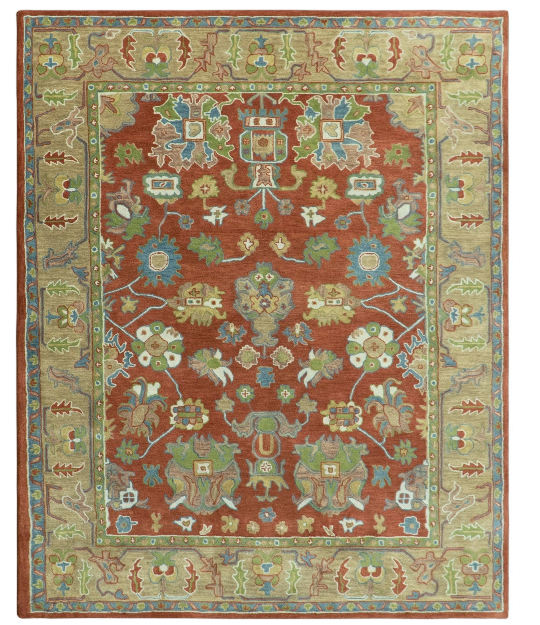 Hand Tufted Wool Area Rug in Rust And Beige with Traditional Oushak Design (8 x 10)