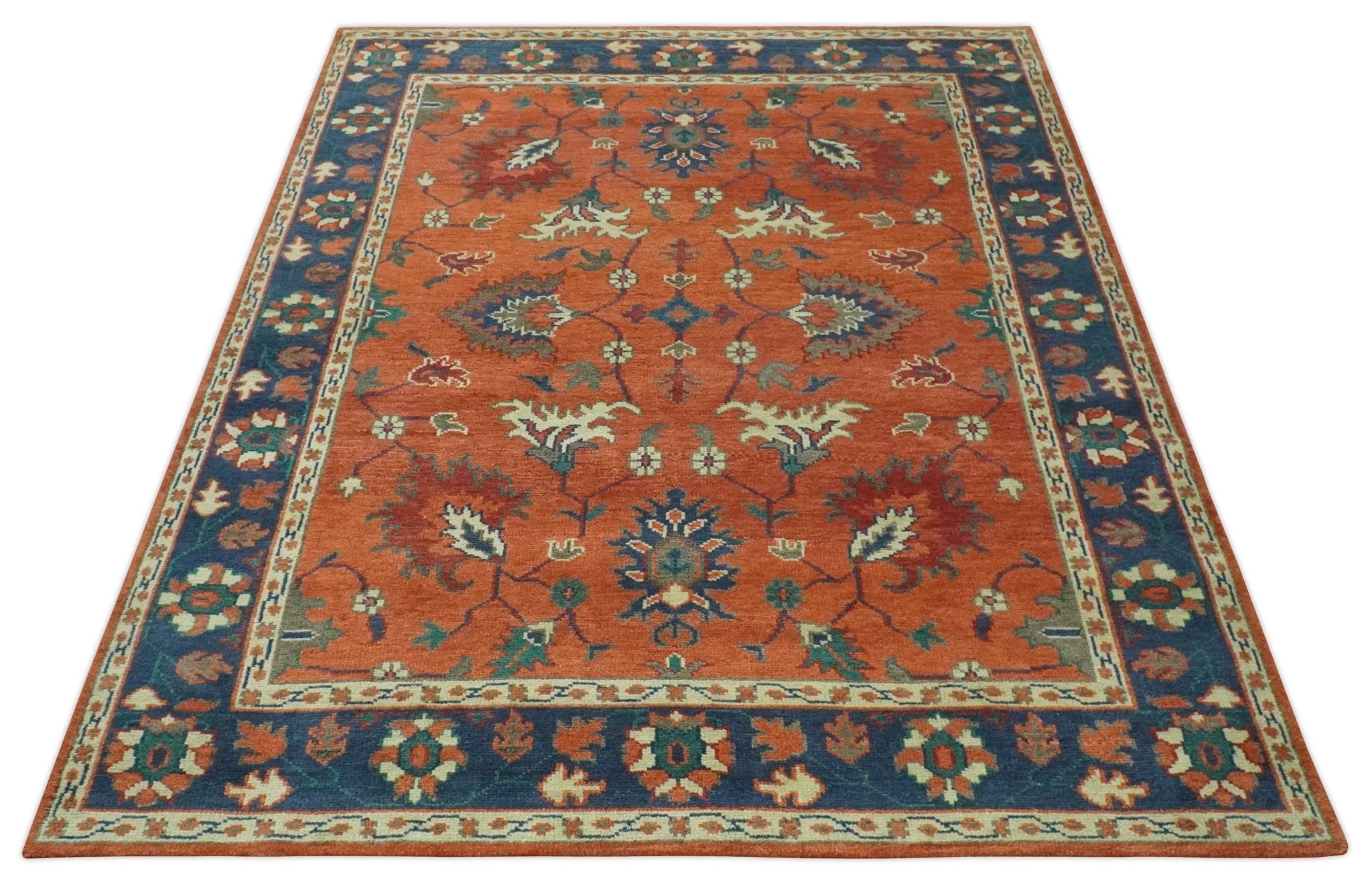 Rust, Blue and Beige Hand Knotted Oriental Oushak Multi Size wool Area Rug - The Rug Decor