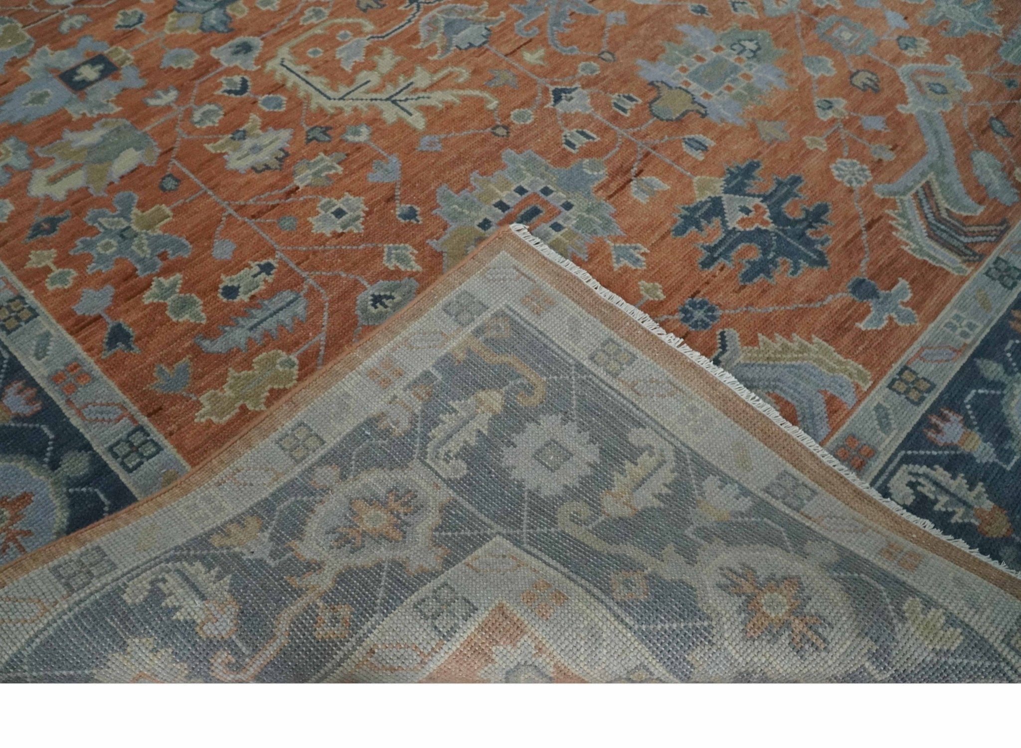 Rust, Blue and Silver Hand Knotted Traditional Multi Size Oushak Wool Area Rug
