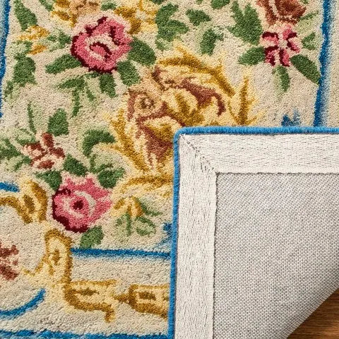 Savonnerie Wool Rug in Blue and Ivory