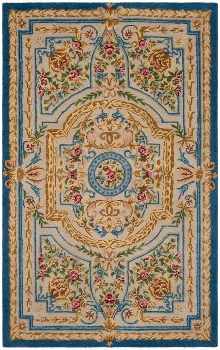 Savonnerie Wool Rug in Blue and Ivory