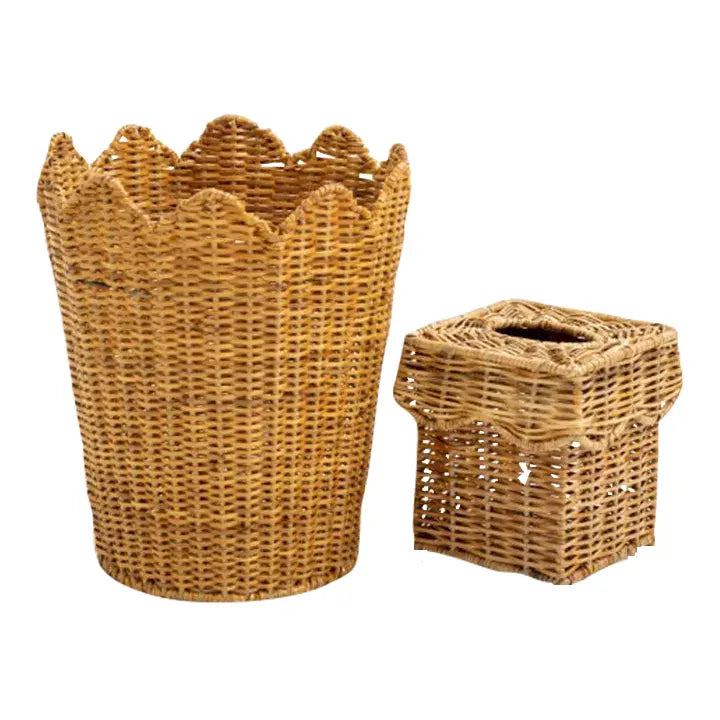 Scalloped Wicker Wastepaper Basket & Tissue Holder in Natural