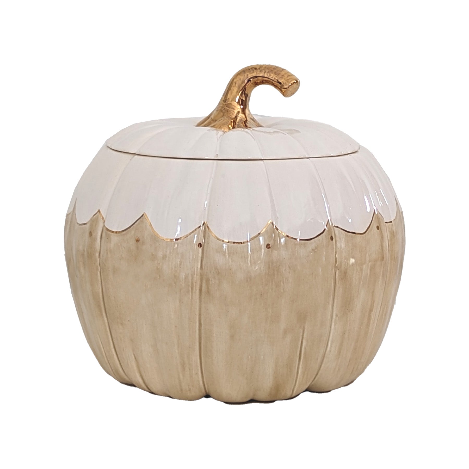 Scalloped Pumpkin Jar in Tan with 22K Gold Accents