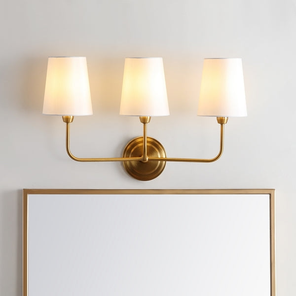 Sawyer Wall Sconce 3 Lighting in Brass Gold with Off White Shades
