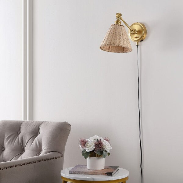 Oswynn Metal Wall Sconce in Brass with Rattan Shade (Set of 2)
