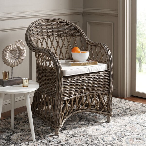 Inez Wicker Accent Chair in Natural with White Cushion