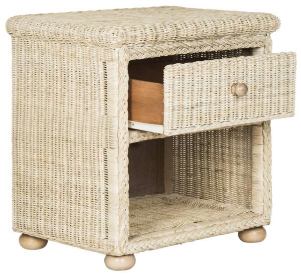 Adira Natural Wicker Nightstand in White Wash with Drawer and Storage