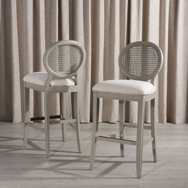 Karlee Rattan Bar Stool in Rustic Gray with Beige Upholstery (Set of 2)
