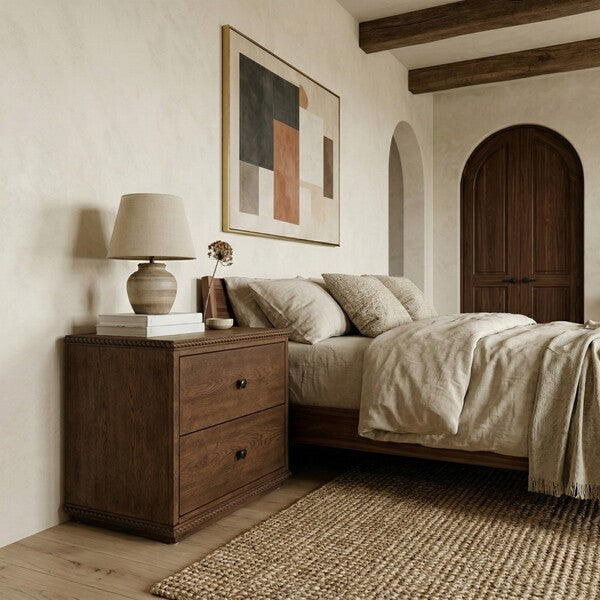 Octavian Wood Nightstand with 2 Drawer and Rope Detail in Dark Walnut