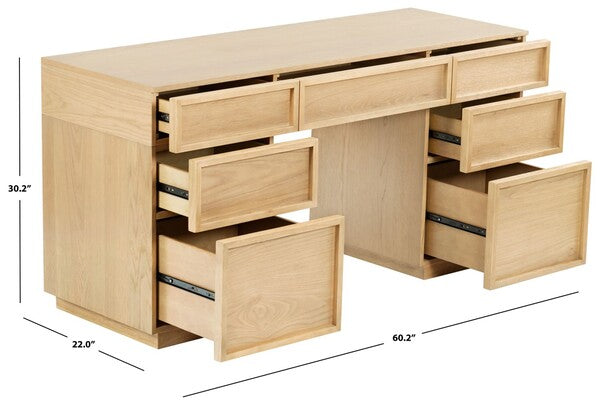 Zeus 7 Drawer Wood Desk in Natural