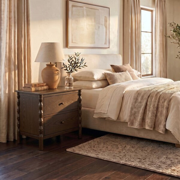 Alyssabelle Wood Nightstand with Carved Leg and 2 Drawer in Walnut