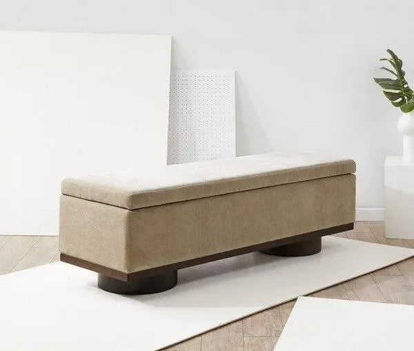 Vianna Faux Shearling Storage Bench in Sand/Walnut