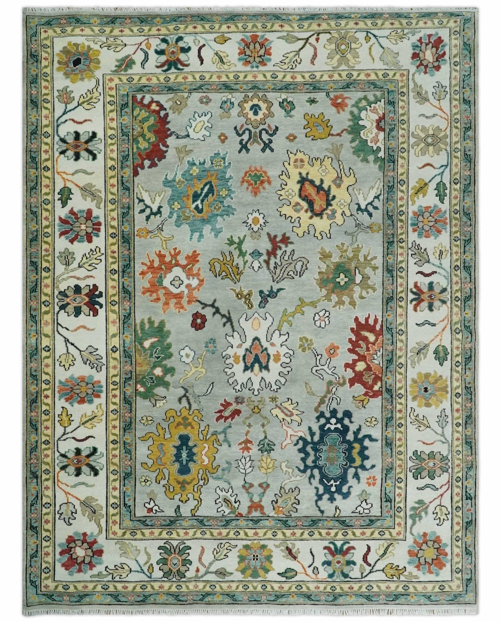 Silver, Ivory and Beige vibrant Colorful Hand knotted 8x10 and 9x12 Traditional Oushak wool Rug