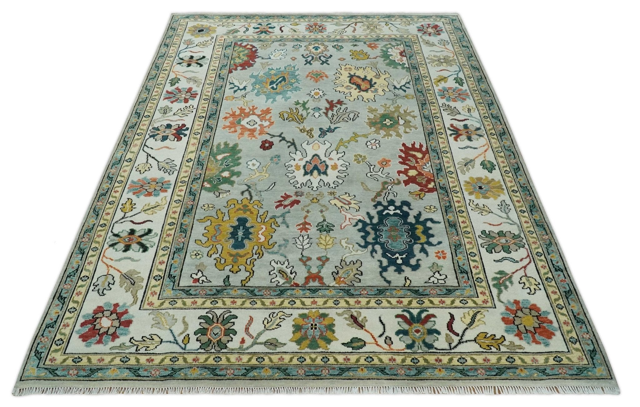 Silver, Ivory and Beige vibrant Colorful Hand knotted Multi Size Traditional Oushak wool Rug - The Rug Decor