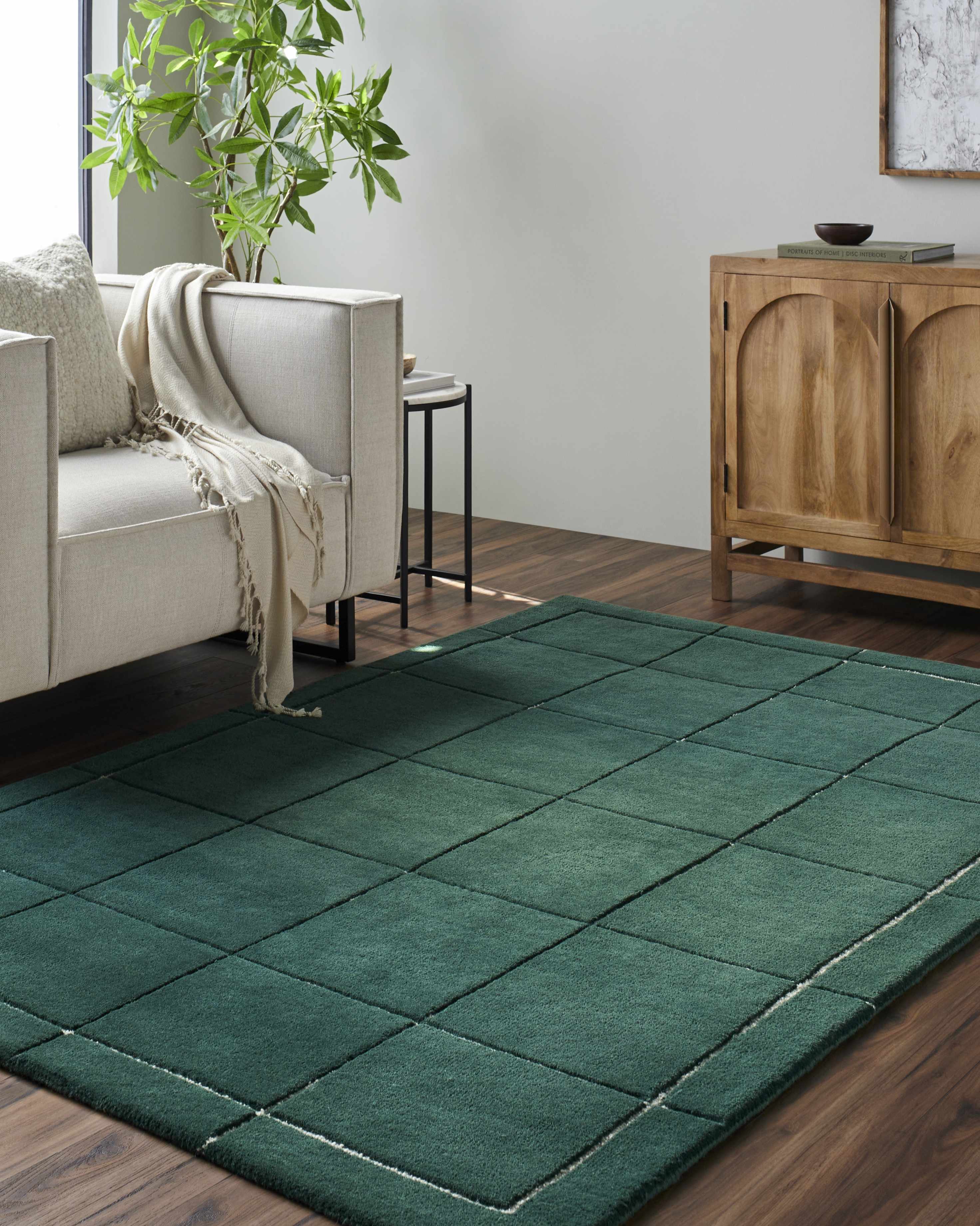 Siarl Checkered Wool Area Rug in Green