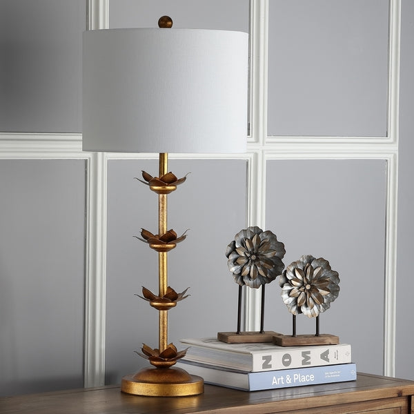 Lani Iron Table Lamp in Black and Antique Gold with White Cotton Shade (Set of 2)