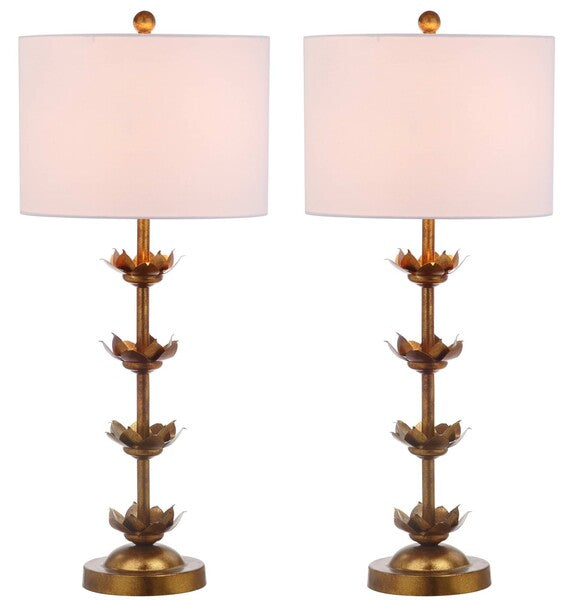 Lani Iron Table Lamp in Black and Antique Gold with White Cotton Shade (Set of 2)