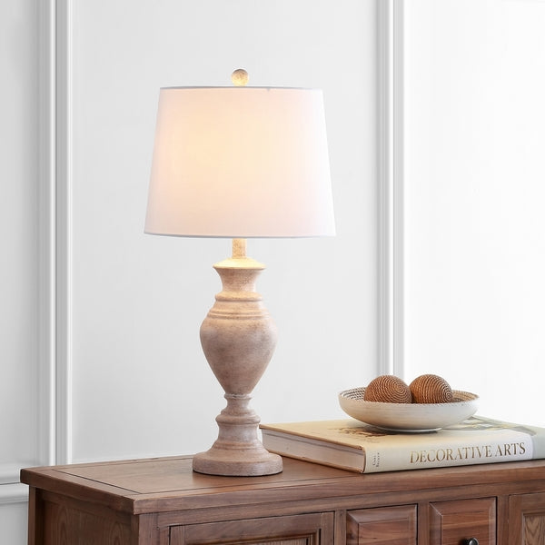 Kyler Resin Table Lamp in Brown Wood with Off White Cotton Shade