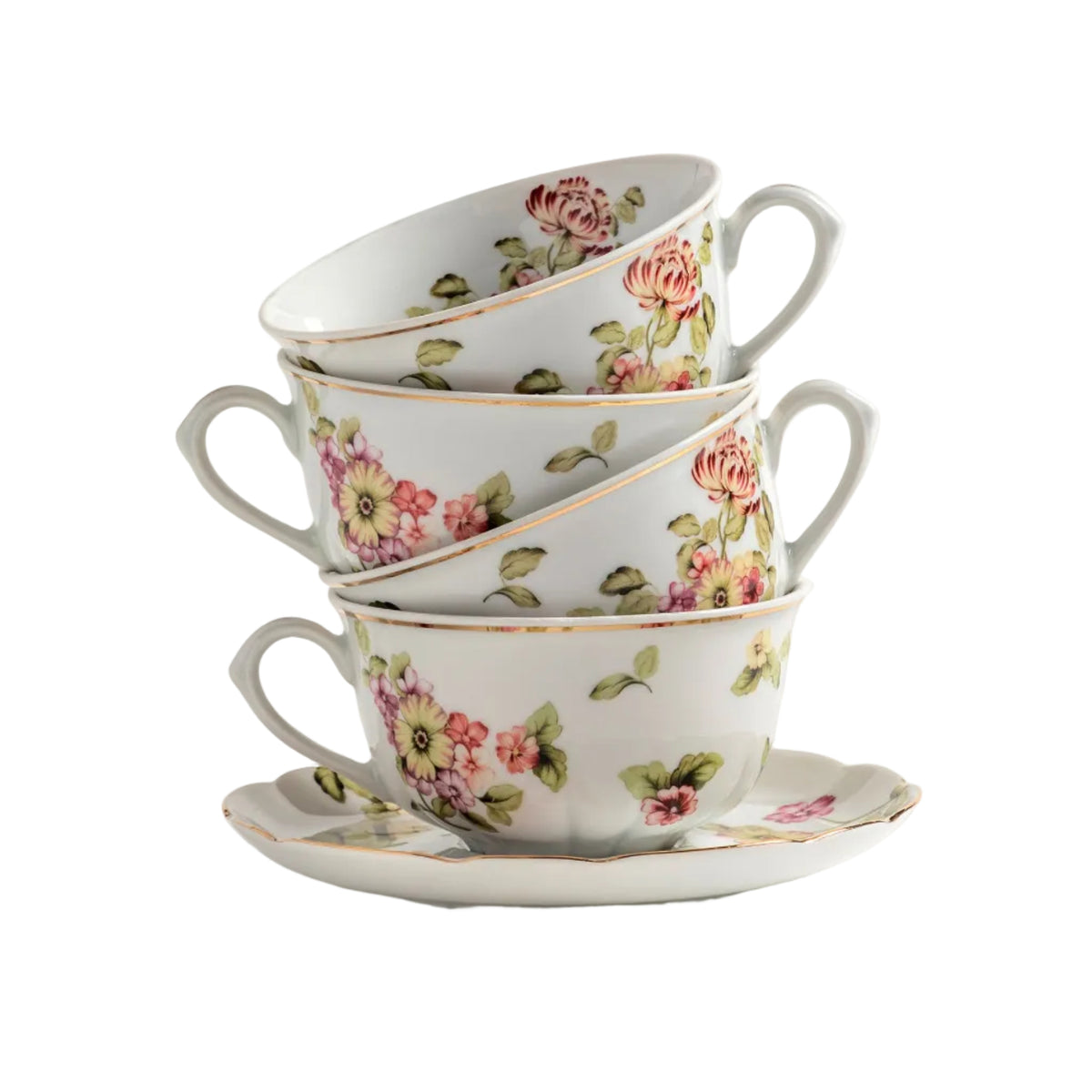 Flor do Ocidente Porcelain Tea Cup & Saucer with Gold Accents by Tania Bulhões — Set of 4