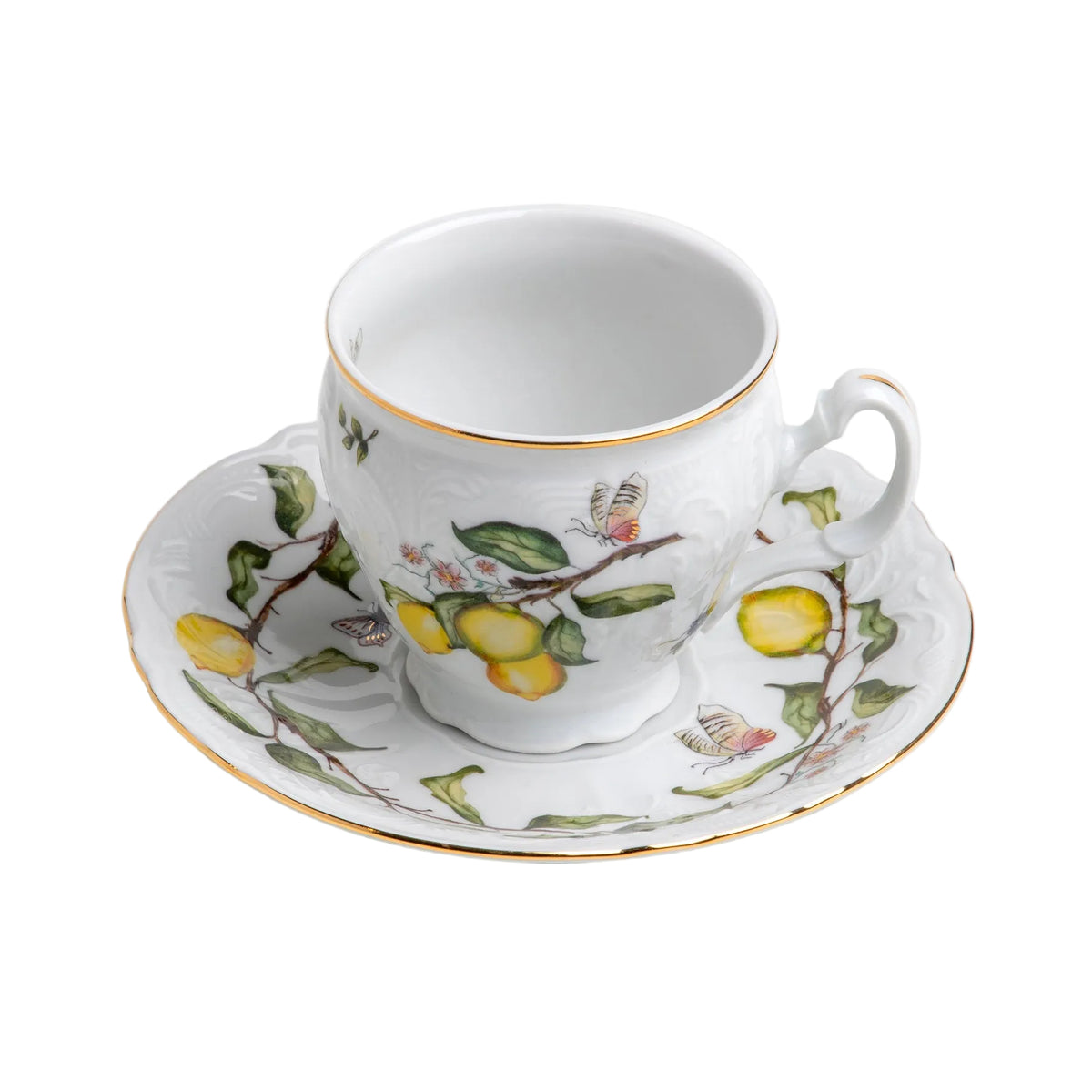 Limoeiro Porcelain Tea Cup & Saucer with Gold Accents by Tania Bulhões