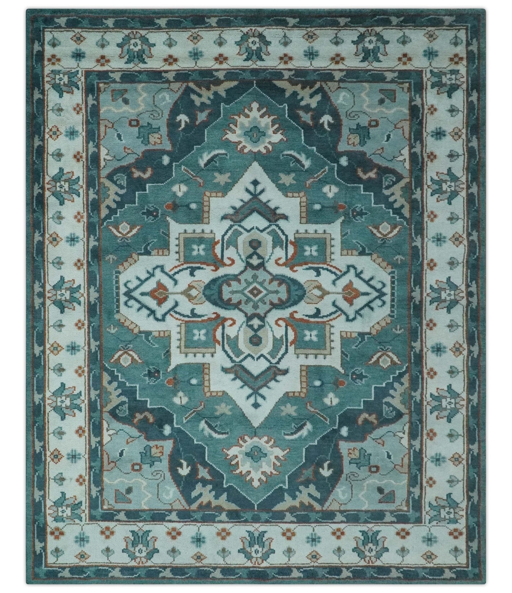 Teal and Silver Traditional Heriz Floral Hand Knotted Multi Size wool Area Rug - The Rug Decor