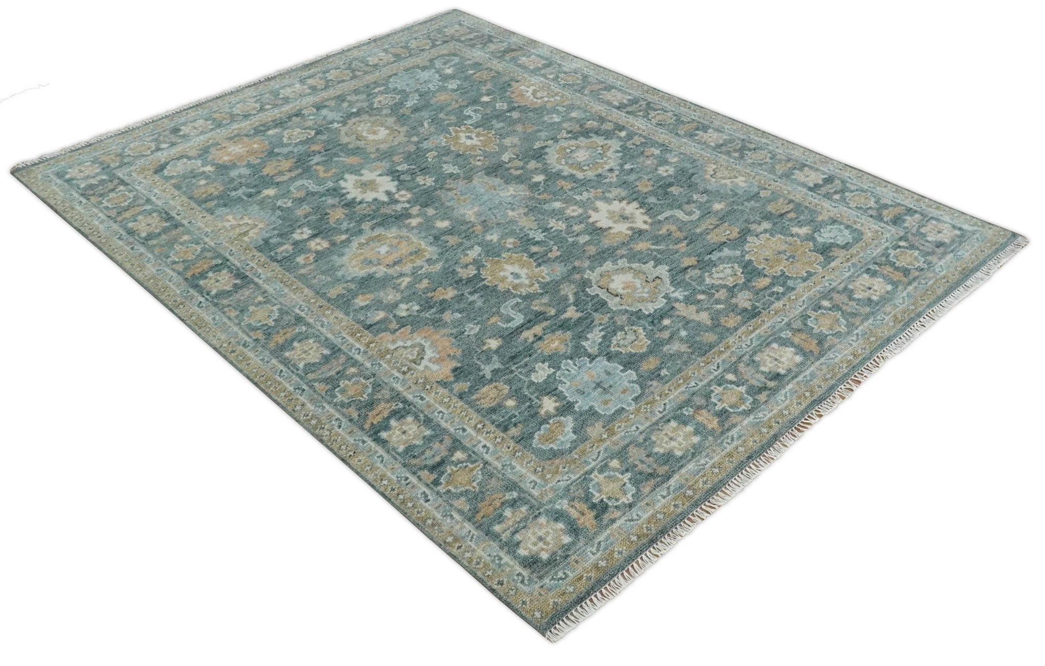 Teal, Olive and Silver Antique Style Hand knotted 8x10 Oushak wool Area Rug