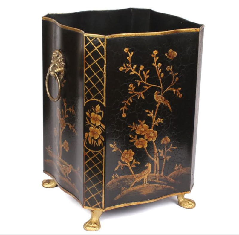 Black/Gold Chinoiserie Scalloped Wastepaper Basket - The Mayfair Hall