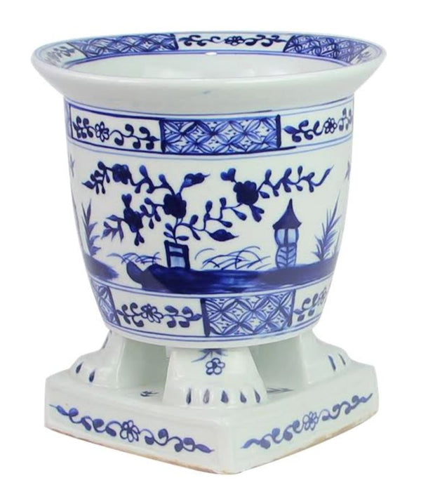 Chinoiserie Dark Blue Porcelain Footed Planter - The Mayfair Hall